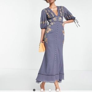 ASOS Tall textured floral embroidered midi tea dress with tie detail in blue